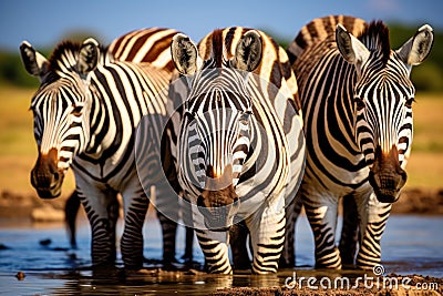 zebras stands side by side in the grassland, showcasing their distinctive black and white striped patterns, A group of zebras Stock Photo
