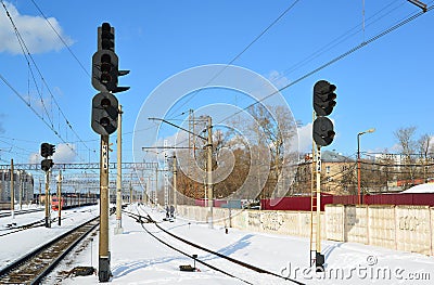 Zelenograd, Russia - February 27. 2016. Traffic lights at railway station Kryukovo Editorial Stock Photo
