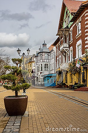 Picturesque central street with old houses in European style in Zelenogradsk Editorial Stock Photo