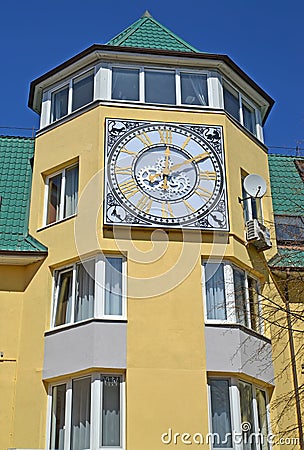 ZELENOGRADSK, RUSSIA. Facade clock on a historic building. Kaliningrad region Editorial Stock Photo