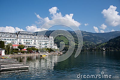 ZELL AM SEE , AUSTRIA 21 September , 2020 Beautiful, elegant `Grand Hotel` right on the lake in fine weather Editorial Stock Photo