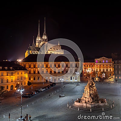 Zelny Trh Cabbage Market and Brno Cathedral Saint Peter and Paul at Night Editorial Stock Photo