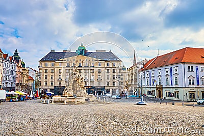 Zelny Trh Cabbage Market square with Parnas Fountain is the central market square of the city, on March 10 in Brno, Czech Editorial Stock Photo