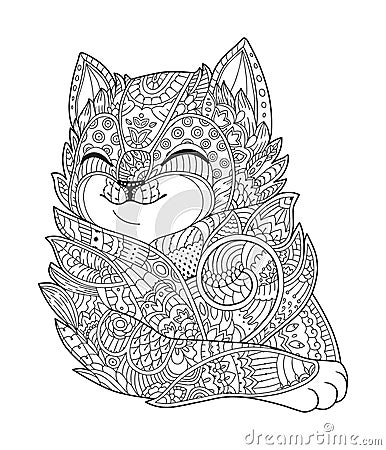 Zen art cat. Hand-drawn vector fluffy cat portrait in zentangle style for adult coloring page. Zen doodle. Vector Illustration