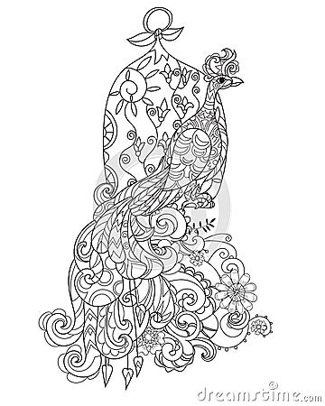 Zen art stylized peacock. Hand drawn doodle Vector Illustration