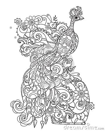 Zen art stylized peacock. Hand drawn doodle Vector Illustration