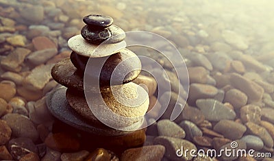 Zen Balance Rocks Pebbles Covered Water Concept Stock Photo