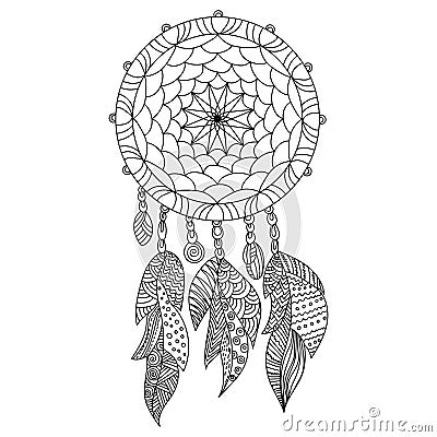 Zen dreamcatcher coloring page intertwined threads on frame light feathers with meditative patterns Vector Illustration