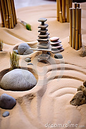 zen garden with balanced stones and sand patterns Stock Photo