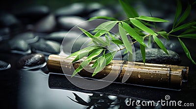 Zen garden with massage basalt stones and bamboo. Spa background Stock Photo