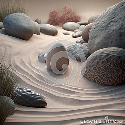 Zen garden for meditation with sand in soft color. Depth of field japanese zen garden. Cartoon Illustration