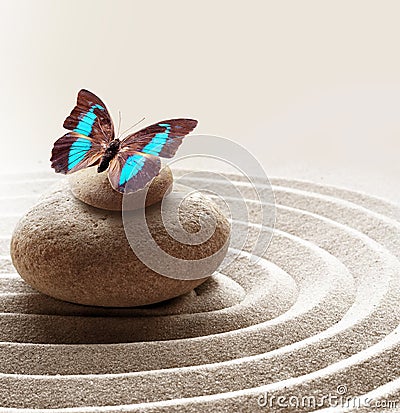 Zen garden meditation stone background and butterfly with stones and circles in sand for relaxation balance and harmony Stock Photo