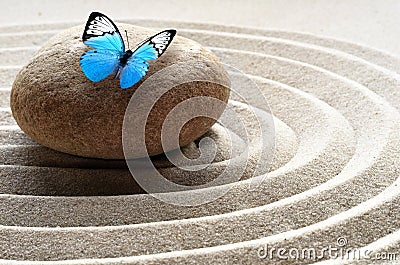 Zen garden meditation stone background and butterfly with stones and lines in sand for relaxation balance and harmony spirituality Stock Photo