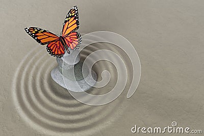 Zen garden meditation stone with butterfly Stock Photo