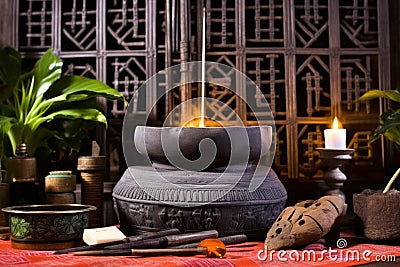zen-inspired altar with singing bowl and incense Stock Photo