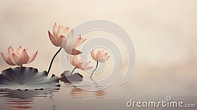 Zen inspired illustration of water lilies with large space for text, Concept of mindfulness, AI generated Cartoon Illustration