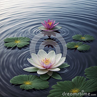 Zen inspired illustration of water lilies with large space for text, Concept of mindfulness - generated by ai Cartoon Illustration