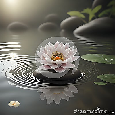 Zen inspired illustration of water lilies with large space for text, Concept of mindfulness - generated by ai Cartoon Illustration