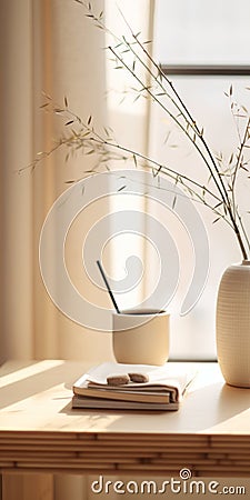 Zen-inspired Study Place With Vase And Coffee Mug On Wooden Surface Stock Photo