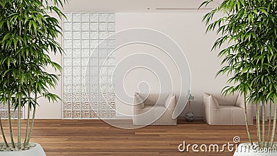 Zen interior with potted bamboo plant, natural interior design concept, minimal waiting sitting room with armchairs. Glass brick Stock Photo