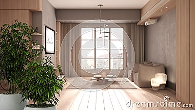 Zen interior with potted bamboo plant, natural design concept, minimalist living room in beige tones, wooden and concrete details Stock Photo