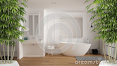 Zen interior with potted bamboo plant, natural interior design concept, minimalist luxury bathroom with bathtub, sink and carpet, Stock Photo