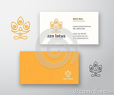 Zen Lotus Logo and Business Card Template. Meditation or Yoga Symbol. Stylized Person Figure with Flower Elements Vector Illustration