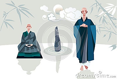 Zen Master and Disciple Vertical Horizontal Vector Illustration