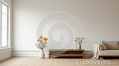 Zen Minimalism: White Wall Living Room With Covered Tray And Marigold Stock Photo