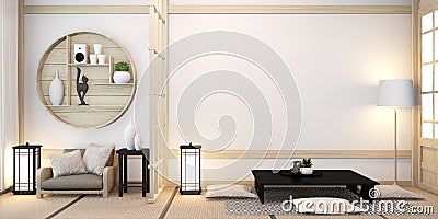 Zen modern room japanese interior with shelf wooden design idea of room japan and tatami mat.3D rendering Stock Photo
