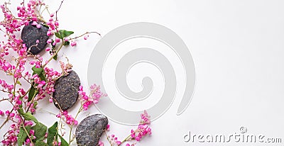 Zen pubbles with pink flowers on white table. Stock Photo