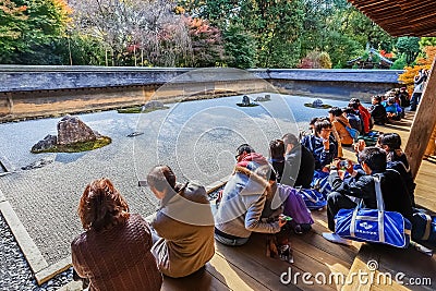 Zen Rock Garden in Ryoanji Temple in Kyoto Editorial Stock Photo