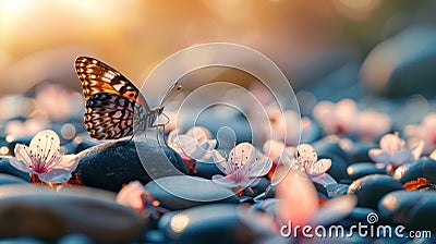 Zen Serenity: Sakura Blossom Butterfly in Japanese Rock Garden Stock Photo