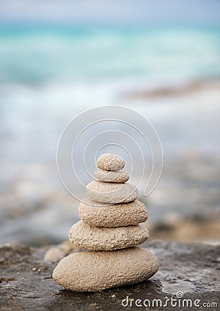 Zen stones, background ocean, see, place for the perfect meditation Stock Photo