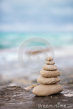 Zen stones, background ocean, see, place for the perfect meditation Stock Photo
