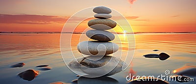 Zen Stones Balance On Beach During Peaceful Sunset Stock Photo