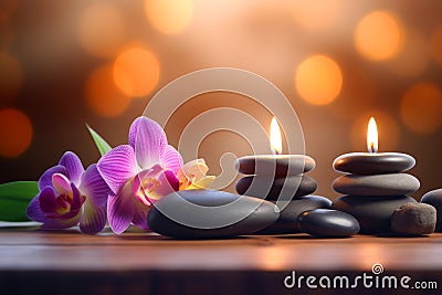 Zen stones, orchid flowers and aromatic candles spa arrangement on wooden table Cartoon Illustration