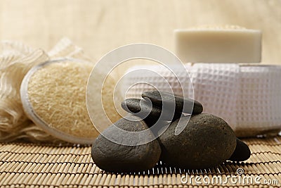 Zen stones and spa set on the wood for treatments Stock Photo