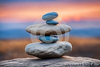 Zen stones stacked forming a pyramid on rocks, against the backdrop of the sunset, symbolizing harmony. Stock Photo