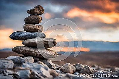 Zen stones stacked forming a pyramid on rocks, against the backdrop of the sunset, symbolizing harmony. Stock Photo