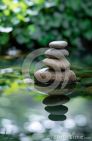 Zen stones stacked by a tranquil pond Stock Photo