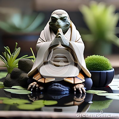 A zen tortoise in meditation robes, serenely meditating by a miniature pond5 Stock Photo