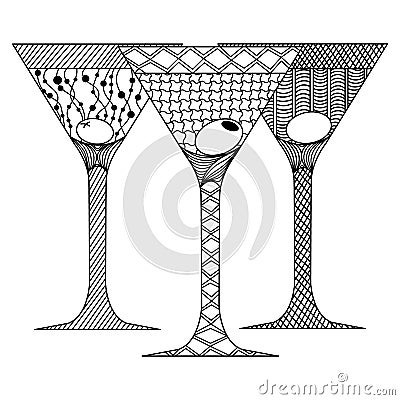 zenart style 3 three martini glasses with olive, doodle, zentangle, wall art, printable Vector Illustration