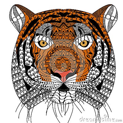 Zenart style tiger head with moustache,color drawing for print Vector Illustration