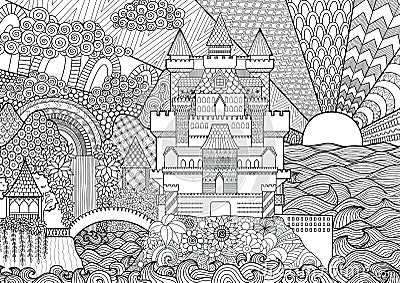 Zendoodle castle landscape for background, adult coloring and design element. Stock . Vector Illustration