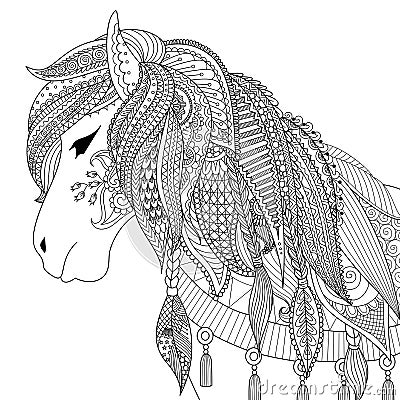 Zendoodle design of horse for adult coloring book for anti stress Vector Illustration