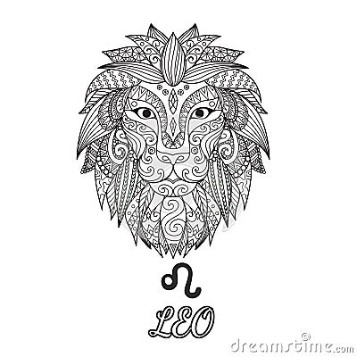 Zendoodle design of Leo zodiac sign for illustration and coloring book page for adult. Stock Vector. Vector Illustration
