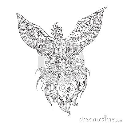 Zendoodle design of phoenix bird for tattoo, t shirt design, adult coloring book page and other design element. Stock Vector Vector Illustration