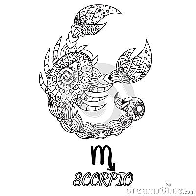 Zendoodle design of Scorpio zodiac sign for design element and adult coloring book page. Stock Vector Vector Illustration