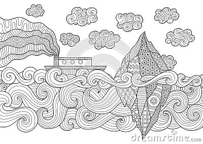 Zendoodle design of seascape with running vessel Vector Illustration